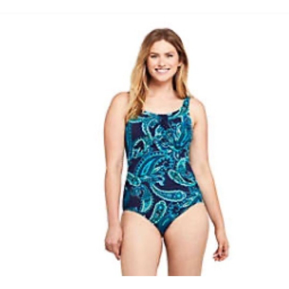 lot of 2 Lands End Womens Swimsuit Blue Paisley One Piece & Tankini Top 18W